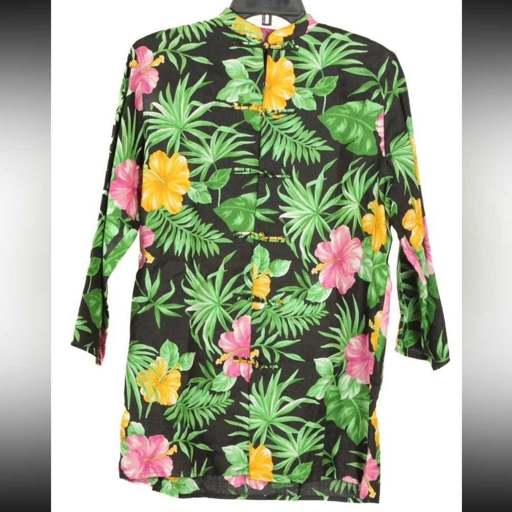 Lauren Ralph Lauren Shirt Women’s Small Green Floral Hibiscus Tunic 100% Linen